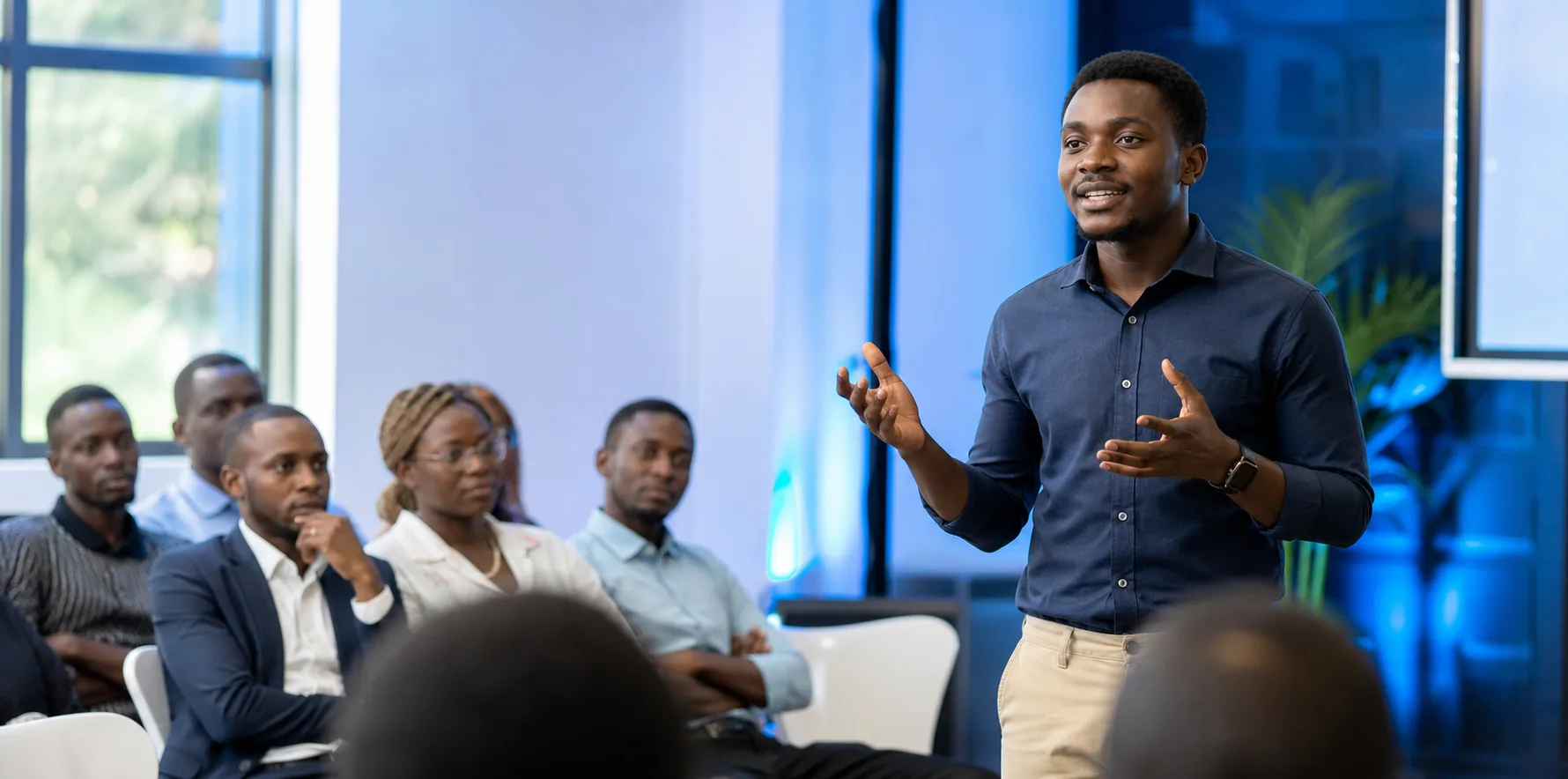 Student presenting a business idea at a summit